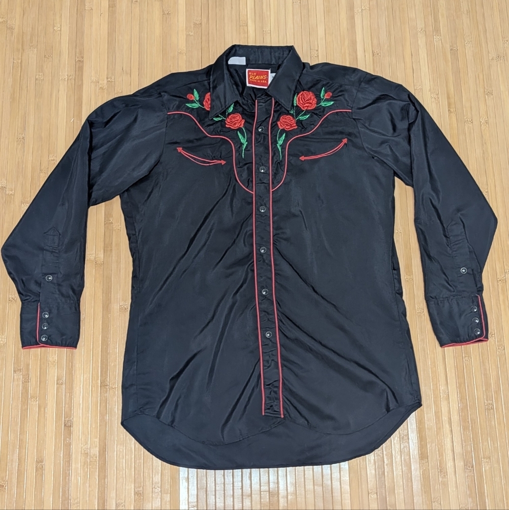 VTG Ely Plains Black Satin Rose Embroidered 16/34 Button Up Shirt Cowboy Rustic